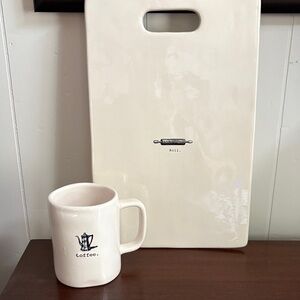 RAE DUNN COFFEE MUG AND CUTTING BOARD Coffee Pot & Rolling Pin icon w/type print